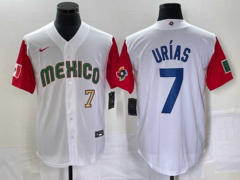 Men's Mexico Baseball #7 Julio Urias Number 2023 White Red World Classic Stitched Jersey2